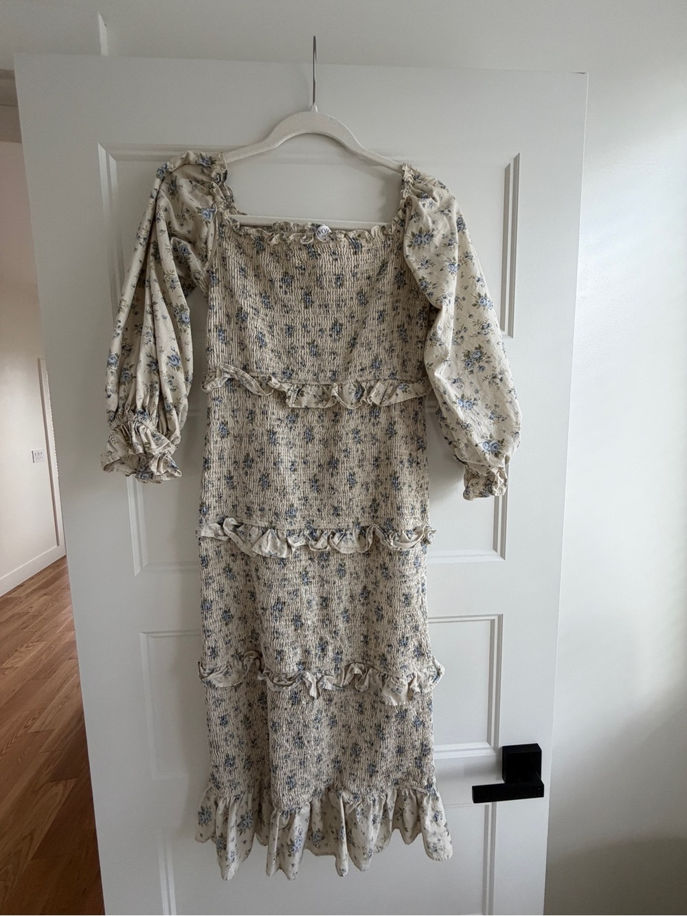 Smocked Floral Maxi Dress in Cream and Blue